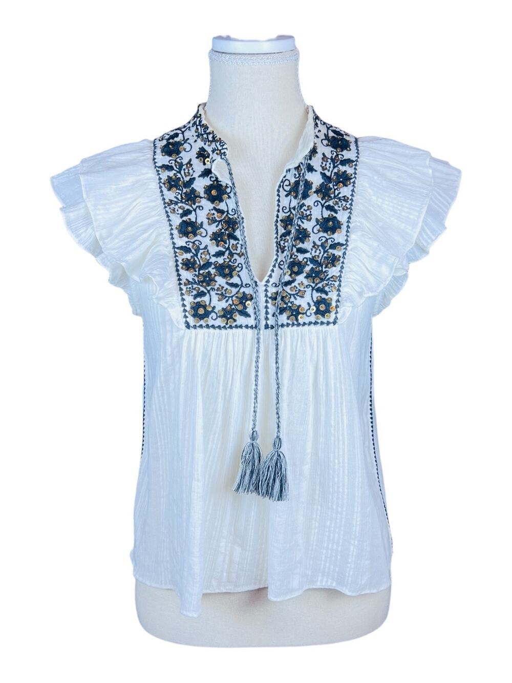 Ulla Johnson Nuru Blanc Embroidered Sequin Flutter Sleeve Cotton Top Size 2